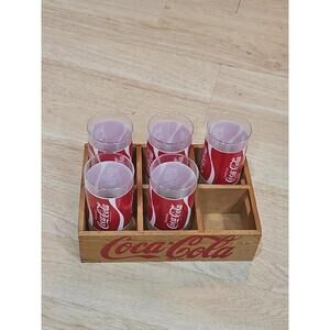 Spanish Coca-Cola Red  Soda Crate Wood Case Bottle Holder Coke  W/5 Glasses VTG
